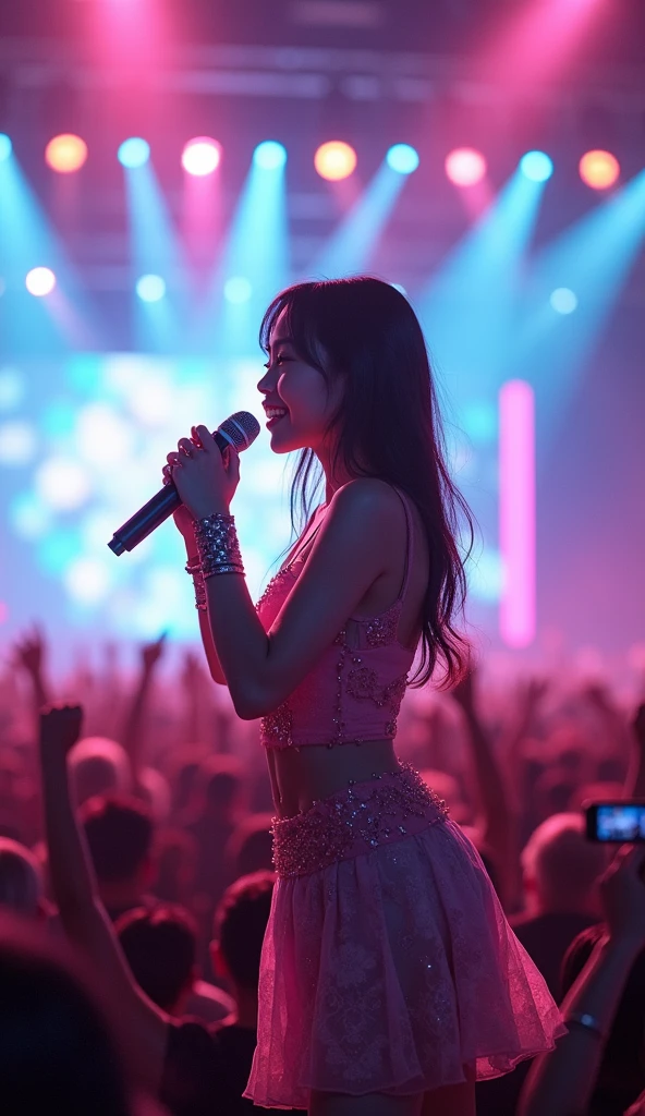 realistic,8k,Beautiful asian girl, hiphop idol estilo love live, singing for his fans at the stadium