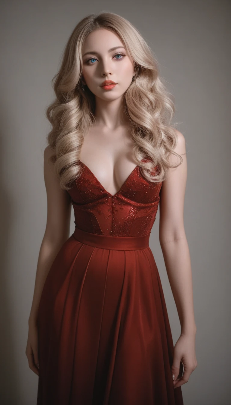 a beautiful woman, front view, detailed realistic portrait, delicate facial features, mesmerizing eyes, full lips, flawless skin, waist-length flowing hair, elegant expression, graceful posture, intricate jewelry, striking red dress, opulent background, dramatic lighting, photorealistic, 8k, high resolution, masterpiece