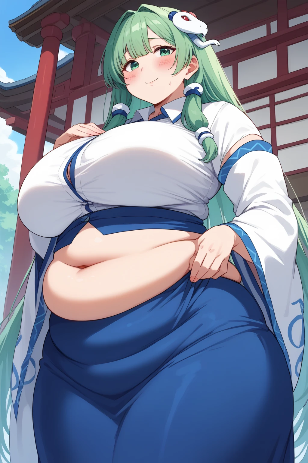 Sanae Kochiya, sanae kochiya,  long hair,  green hair,  green eyes,  Hair Tube, Snake hair ornament, collared shirt,  white shirt,  Detached Sleeves,  wide sleeve over mouth,  blue skirt,  ruffle skirt,  score_9,   score_8_up,   score_7_up,   score_6_up,   score_5_up,   score_4_up,     Masterpiece  ,   top quality,   very aesthetic,   absurd,  Anime Women,   one woman , Alone,  personal  ,  Super huge breasts, ((( super huge clevis, Super huge , Super huge boob))), Curvy,  chubby,  obese body type, blush, Shy woman,  stomach flesh sticking out of clothes,　 sloppy stomach , Shrine grounds,  I'm worried about fat around my stomach ,