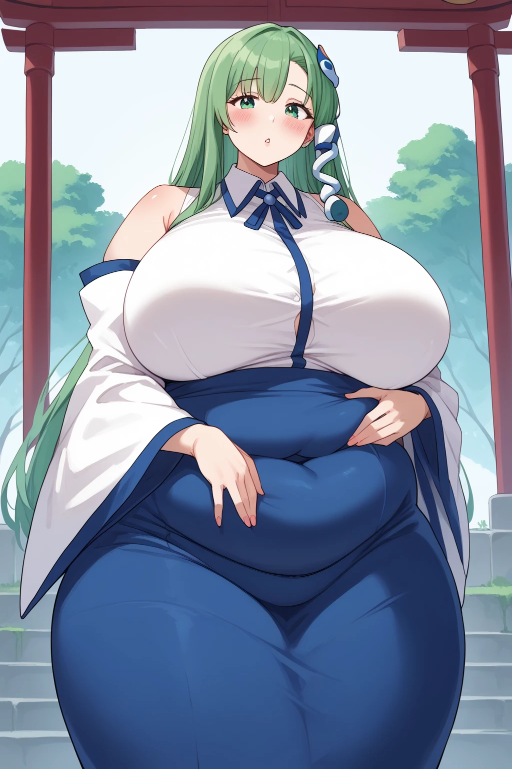 Sanae Kochiya, sanae kochiya,  long hair,  green hair,  green eyes,  Hair Tube, Snake hair ornament, collared shirt,  white shirt,  Detached Sleeves,  wide sleeve over mouth,  blue skirt,  ruffle skirt,  score_9,   score_8_up,   score_7_up,   score_6_up,   score_5_up,   score_4_up,     Masterpiece  ,   top quality,   very aesthetic,   absurd,  Anime Women,   one woman , Alone,  personal  ,  Super huge breasts, ((( super huge clevis, Super huge , Super huge boob))), Curvy,  chubby,  obese body type, blush, Shy woman,  stomach flesh sticking out of clothes,　 sloppy stomach , Shrine grounds,  I'm worried about fat around my stomach ,