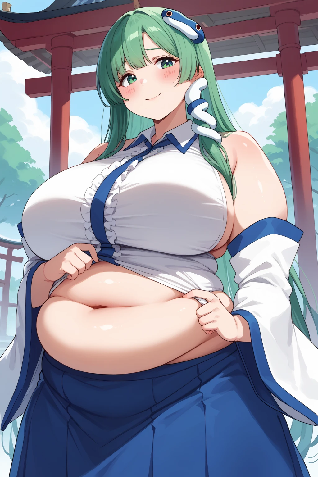 Sanae Kochiya, sanae kochiya,  long hair,  green hair,  green eyes,  Hair Tube, Snake hair ornament, collared shirt,  white shirt,  Detached Sleeves,  wide sleeve over mouth,  blue skirt,  ruffle skirt,  score_9,   score_8_up,   score_7_up,   score_6_up,   score_5_up,   score_4_up,     Masterpiece  ,   top quality,   very aesthetic,   absurd,  Anime Women,   one woman , Alone,  personal  ,  Super huge breasts, ((( super huge clevis, Super huge , Super huge boob))), Curvy,  chubby,  obese body type, blush, Shy woman,  stomach flesh sticking out of clothes,　 sloppy stomach , Shrine grounds,  I'm worried about fat around my stomach ,