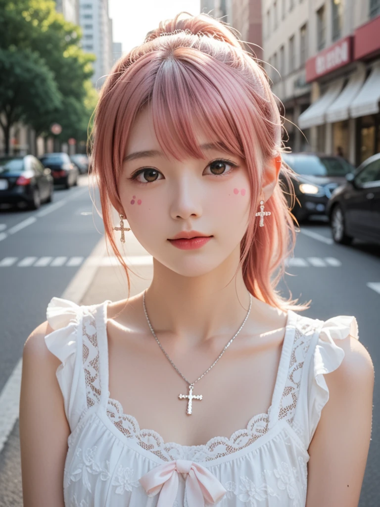 8k, real, realistic , super concentration , Japanese, cute girl,Cute idol,Heavy makeup, cute face, Friendly Smiles ,Shy, open your mouth, ponytail white pink hair,Feminine look,new york, natural sunlight ,natural sunlight , cross your arms, is wearing a silver necklace, silver bracelet, silver earrings .