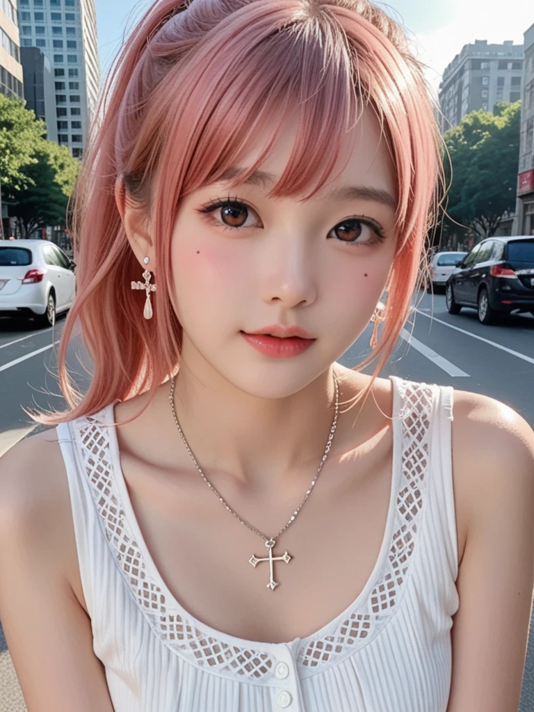 8k, real, realistic , super concentration , Japanese, cute girl,Cute idol,Heavy makeup, cute face, Friendly Smiles ,Shy, open your mouth, ponytail white pink hair,Feminine look,new york, natural sunlight ,natural sunlight , cross your arms, is wearing a silver necklace, silver bracelet, silver earrings .