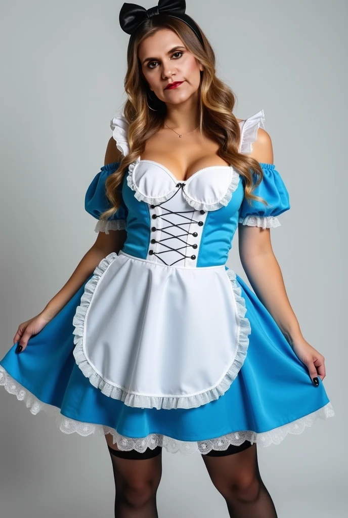 Detailed and lifelike depictions of Cinderella, radiating a distinct pin-up style. Very Sexy. Dressed in miniskirts, white high heel sandals, stockings, and heels, their attire reflects the iconic colors of their traditional outfits, ensuring they're instantly recognizable as their respective characters. While classic features are present, the pin-up flair is undeniable. Artful tattoos add a contemporary touch. Their postures and expressions, combined with their pin-up attire, create a fusion of classic Disney and vintage allure. White photo studio background, hot shoot.
