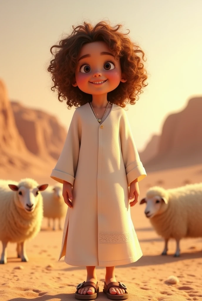 a young jew, Full-body image, (((7 ))), ((Pixar-style)), ((Caucasian skin)), (((Curly hair))), moreno claro, wearing a white Jewish dress, jewish sandal, happy and welcoming expression, detailed facial features, complex clothing folds, warm lighting, cinematic composition in the desert with sheep nearby, praying on your knees, rewarded photography