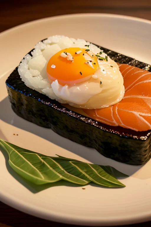 a delicately crafted nigiri sushi, golden poached egg, intricate food photography, highly detailed, 8k, photorealistic, studio lighting, chiaroscuro lighting, elegant, mouthwatering, glossy, fresh, minimalist, japanese cuisine, ceramic plate, wooden table, natural textures, warm tones