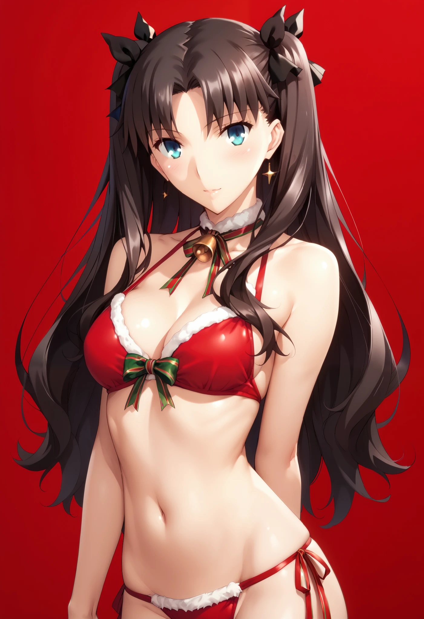 extremely detailed CG, high resolution, best quality, masterpiece, single woman, tohsaka rin (fate zero), blue eyes, (beautiful detailed eyes: 1.4), black hair, christmas bikini, waist, natural pose, red background