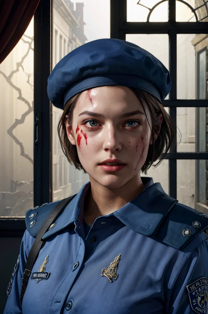 1girl, portrait of jillvoth, beret, shoulder pads, blue military uniform, shirt, (blood on face), scared, afraid, parted lips, old mansion indoors, window, lightning, thunder, volumetric lighting, best quality, masterpiece, intricate details, tonemapping, sharp focus, hyper detailed, trending on Artstation, realistic, <lora:sxz-jill-valentine-v3:0.6> <lora:to8contrast style ContrastFix_sd15:0.6>