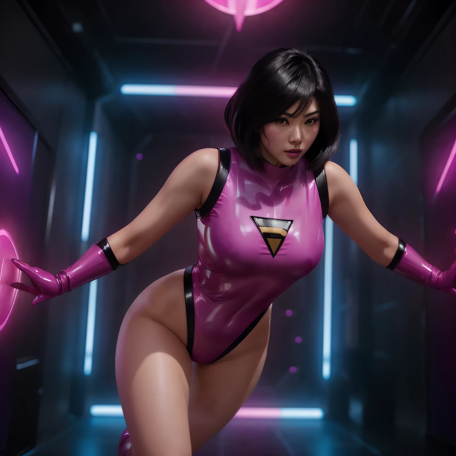 A beautiful asian female superhero with medium length black hair wearing a fuchsia latex costume coming out from a pink dimensional portal. Action pose. ultra realistic. cinematic scene