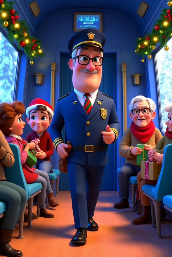 A Pixar-style cartoon wide shot of the conductor walking down the aisle of the cozy blue train compartment, greeting passengers with a cheerful smile. He wears a navy-blue uniform with gold trim, a red-and-green striped tie, round black glasses, and a neatly trimmed mustache that adds to his friendly appearance. His leather ticket pouch hangs across his chest, and his polished black shoes gleam against the wooden floor. Passengers fill the seats, including a young boy with a Santa hat holding a candy cane, an elderly couple exchanging wrapped presents, and a woman knitting a red scarf. The sleek blue walls of the train compartment are lined with festive garlands strung with baubles and fairy lights. Frosted windows reveal snowy pine trees and softly falling snow, enhancing the magical Christmas atmosphere.
