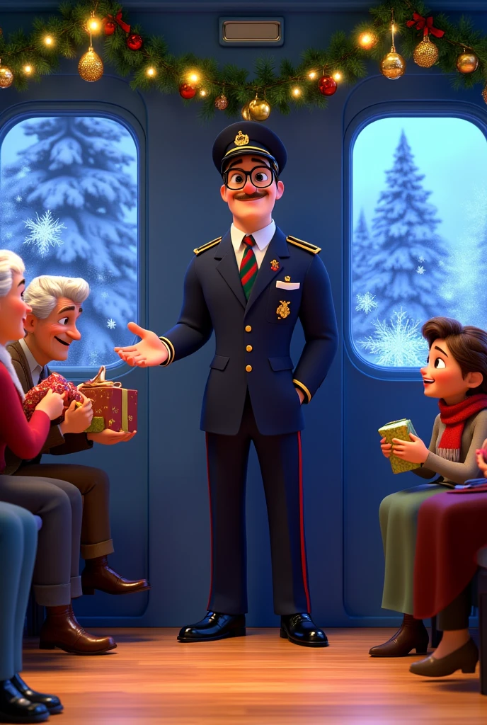 extreme close up of A Pixar-style cartoon wide shot of the conductor walking down the aisle of the cozy blue train compartment, greeting passengers with a cheerful smile. He wears a navy-blue uniform with gold trim, a red-and-green striped tie, round black glasses, and a neatly trimmed mustache that adds to his friendly appearance. His leather ticket pouch hangs across his chest, and his polished black shoes gleam against the wooden floor. Passengers fill the seats, including a young boy with a Santa hat holding a candy cane, an elderly couple exchanging wrapped presents, and a woman knitting a red scarf. The sleek blue walls of the train compartment are lined with festive garlands strung with baubles and fairy lights. Frosted windows reveal snowy pine trees and softly falling snow, enhancing the magical Christmas atmosphere.
