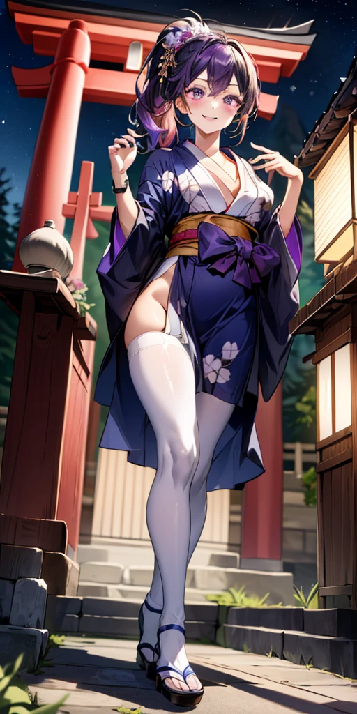 full body standind straight symmetrical, FEMALE, big belt around waist, Raiden Shogun, raiden, (Breast-huge), nedium breasts, Masterpiece, Best quality, Ultra-delicate hands on the buttocks), (angle of view:1.1), (Smile:0.9),Busty body,thick leg,lacepantyhose