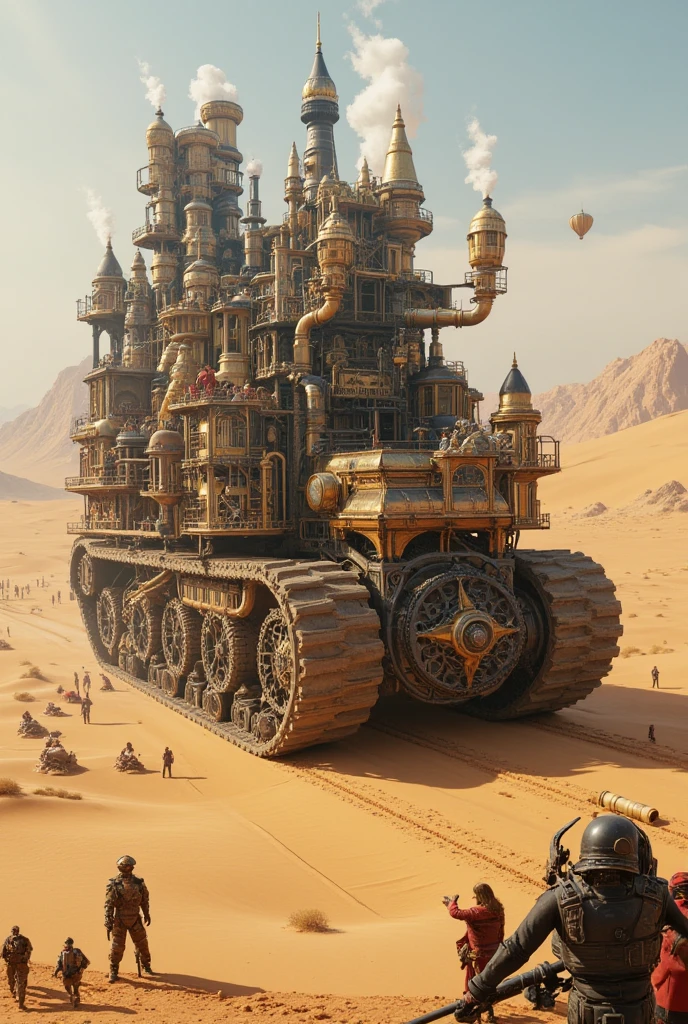  make a complex steampunk-style village city with houses and townhouses and long and wide steam pipes and gigantic industrial machines with wide metal pipes all on a gigantic mobile platform with war tank treadmill wheels,  the whole city is on a platform with giant wheels rolling through the desert , steampunk art, with many people walking around the city ,  as realistic as possible,  As detailed as possible , 