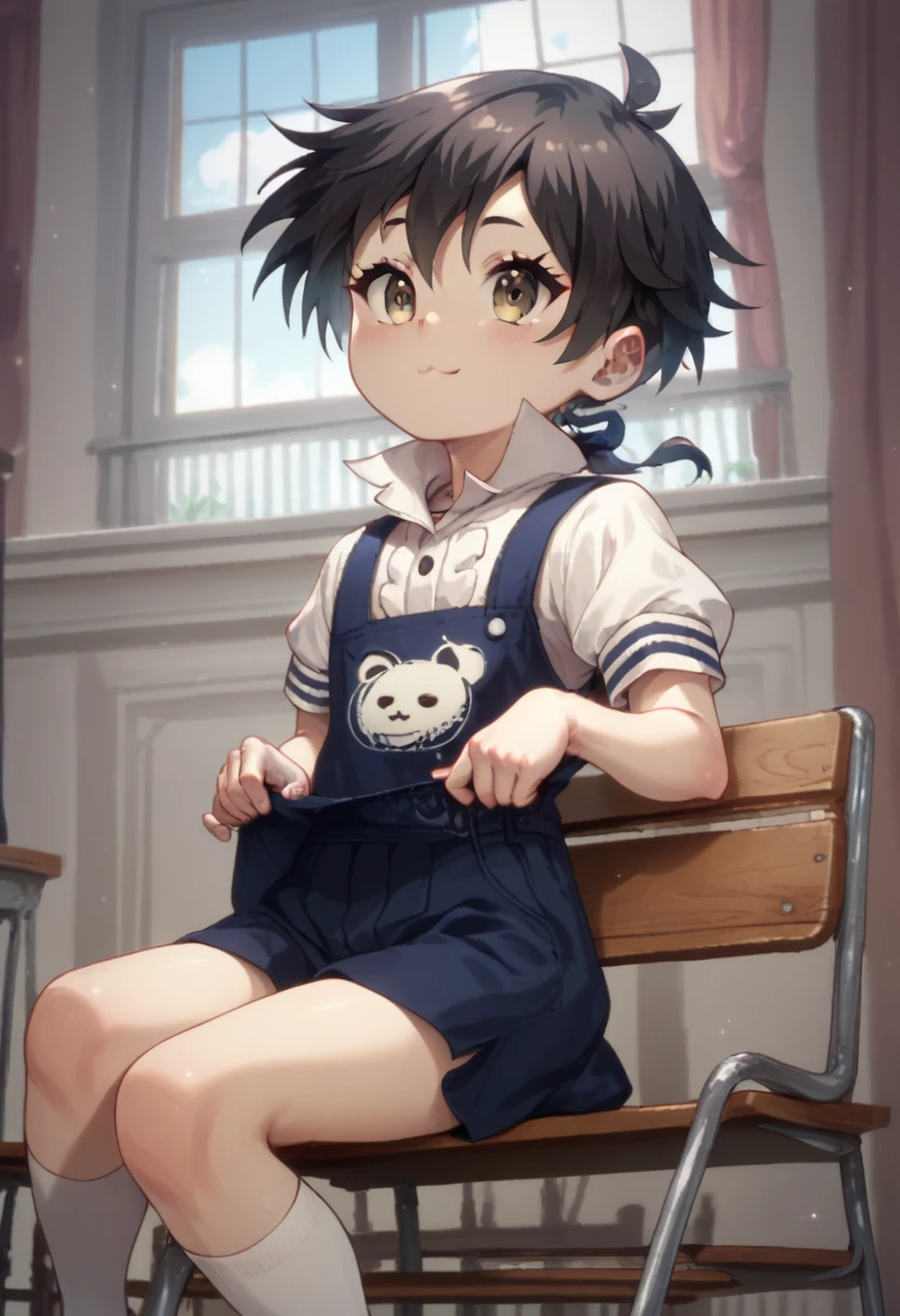 Cute twink black-haired, brown-eyed emo  sitting on the school ladder