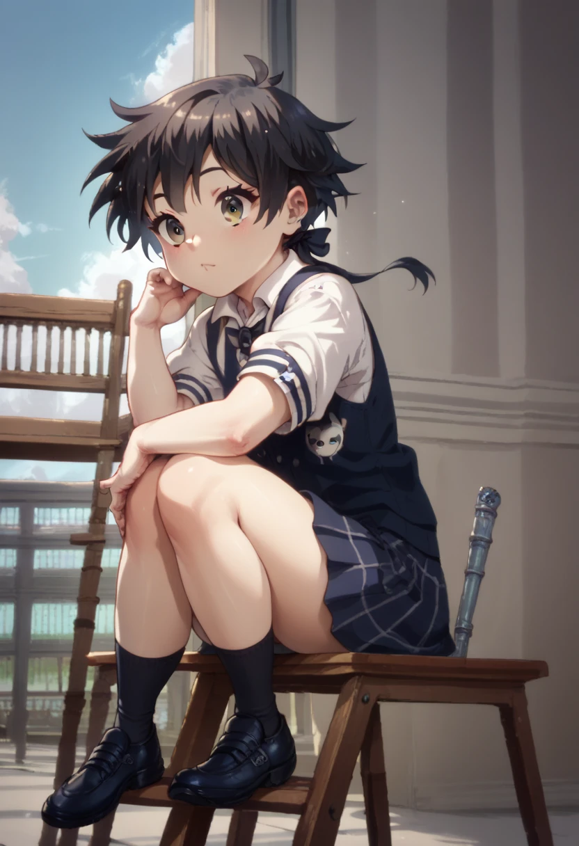 Cute twink black-haired, brown-eyed emo  sitting on the school ladder