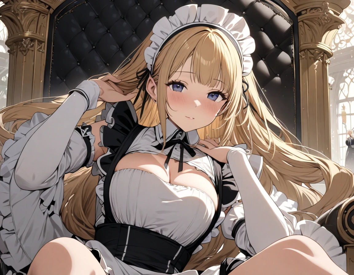 ((highest quality, Highly detailed CG Unity 8K wallpaper))、beautiful breasts、(spread your legs wide)、((She lifts up her skirt to reveal white panties、blonde、maid、embarrassed look))