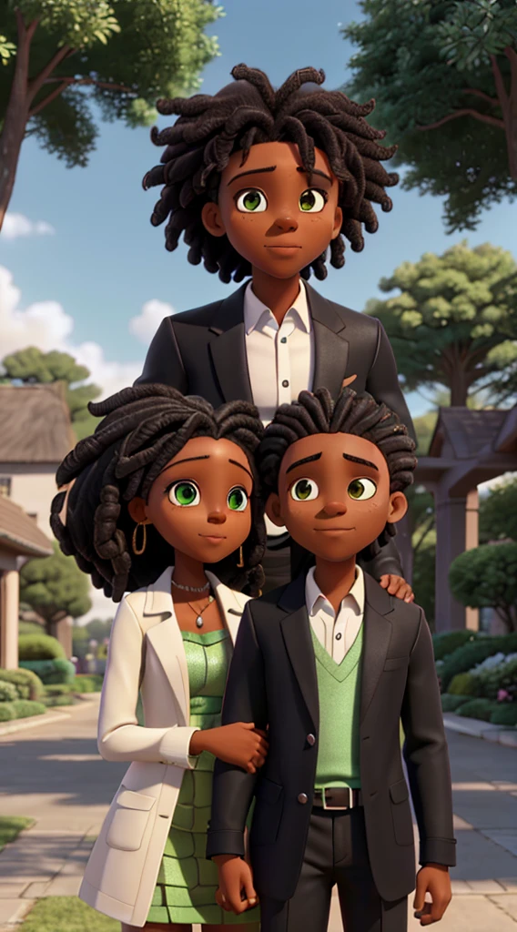 "Produce an anime-style image that celebrates love between black couples. The girl, black skin, black skin, black skin 1.5,  with black leather and thin African braids, possui (( green eyes)) charming. Your partner, {of dark skin and hair: 1,5}, ((Dreadlocks curtos)), has expressive white eyes. Both wear loose coats with golden details, adding a touch of sophistication. Set in a garden, the scene depicts passionate kisses between them. Convey the intensity of eternal love between these black lovers, highlighting their unique characteristics and the romantic connection they share. coat {((stylish shirts, super fashionable, super look))}".