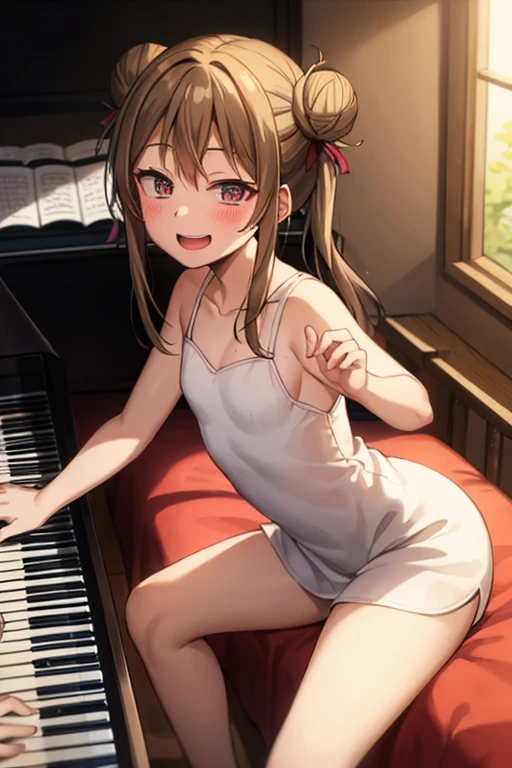 (( top quality)), ((masterpiece)), (be familiar with),  perfect face, indoor, bedroom, looking at the viewer,
One woman, I was,
 open mouth,  ecstatic expression beside the piano, blush, smile,
 small ,  flat chested, Young girl, Lori,  kids,  girl,
 long hair,  twin bun hair ,
Leg spread,