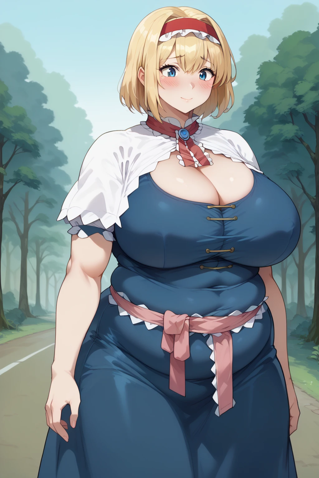  Alice Margatroyd, alice margatroid,  medium hair up to buttocks,  blonde hair ,  blue eyes, ,Red Hairband, , Frilled Headband , Red waist wrap with white frills ,　 Blue Dress ,
 white capelets ,  Blue Dress ,  Blue Long Skirt ,  score_9,   score_8_up,   score_7_up,   score_6_up,   score_5_up,   score_4_up,     Masterpiece  ,   top quality,   very aesthetic,   absurd,   source_Anime, Anime screencap,   one woman , Alone,  personal  ,  super huge breasts, ((( super huge clevis, super huge , super huge boob))), Curvy,  chubby, Mature Woman,  obese body type, blush, Shy woman,  stomach flesh sticking out of clothes,　 sloppy stomach , Three-section abdomen, Plump belly,  walking through the woods ,  I'm in the dark woods, Road in the dark woods ,  in a creepy forest , I'm worried about belly fat ,  cleavage enhancement pose, 