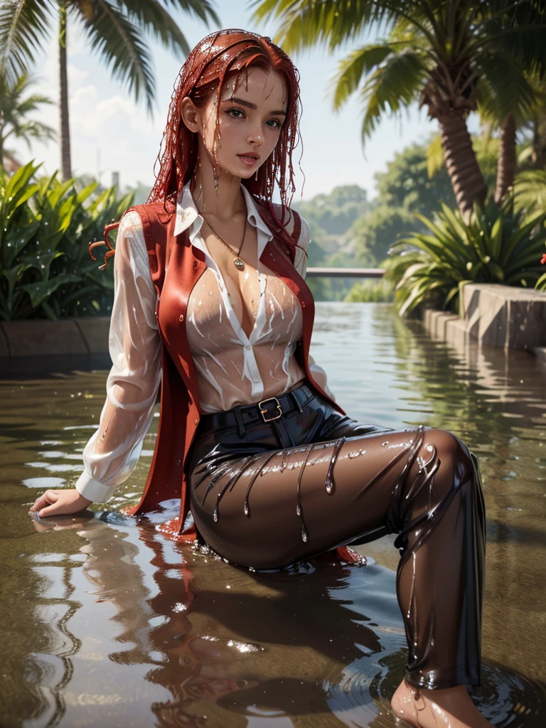 (8K, raw image,) highest quality, (masterpiece: 1.4), beautiful girl (Age 21).  she lies,((recumbent)), in a pond. She is slim and her body is very attractive.  She is clothed and completely wet. She is wearing a ((light floral blouse, buttoned, long sleeves, decorated, (very much fabric))), ((dark woolen vest)),  ((her beautiful breasts)). She wears bracelets and long necklaces. She wears a light orange, wet, (transparent) translucent, ((long satin slacks)). She has very (((long, ((wet)) red hair))) with (untidy curls), which are also ((wet soaked)). she is wet all over. She has a very feminine tight waist. A tight belt emphasizes her feminine figure. Narrow shoulder.Wet hair, wet skin, wet clothes.
slim waist, curaveous legs, smart painting, cool, perfect proportions, ((wide eyes)), straight nose, full lips. ((full body shot)),Dynamic angles, drenched clothes, drenched long hair,very erotic composition. Wetshirt, wetlook, photorealistic.  (Show her very long pants). ((full body, zoom out))
,wetshirt,Extremely Realistic