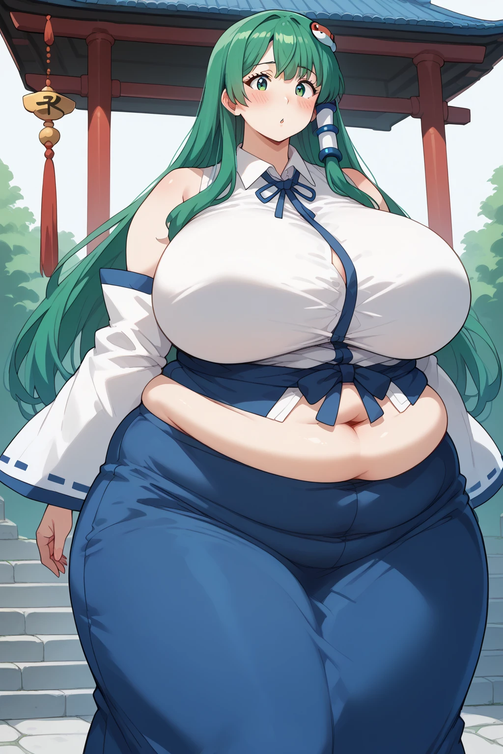 Sanae Kochiya, sanae kochiya,  long hair,  green hair,  green eyes,  Hair Tube, Snake hair ornament, collared shirt,  white shirt,  Detached Sleeves,  wide sleeve over mouth,  blue skirt,  ruffle skirt,  score_9,   score_8_up,   score_7_up,   score_6_up,   score_5_up,   score_4_up,     Masterpiece  ,   top quality,   very aesthetic,   absurd,  Anime Women,   one woman , Alone,  personal  ,  Super huge breasts, ((( super huge clevis, Super huge , Super huge boob))), Curvy,  chubby,  obese body type, blush, Shy woman,  stomach flesh sticking out of clothes,　 sloppy stomach , Shrine grounds,  I'm worried about fat around my stomach ,