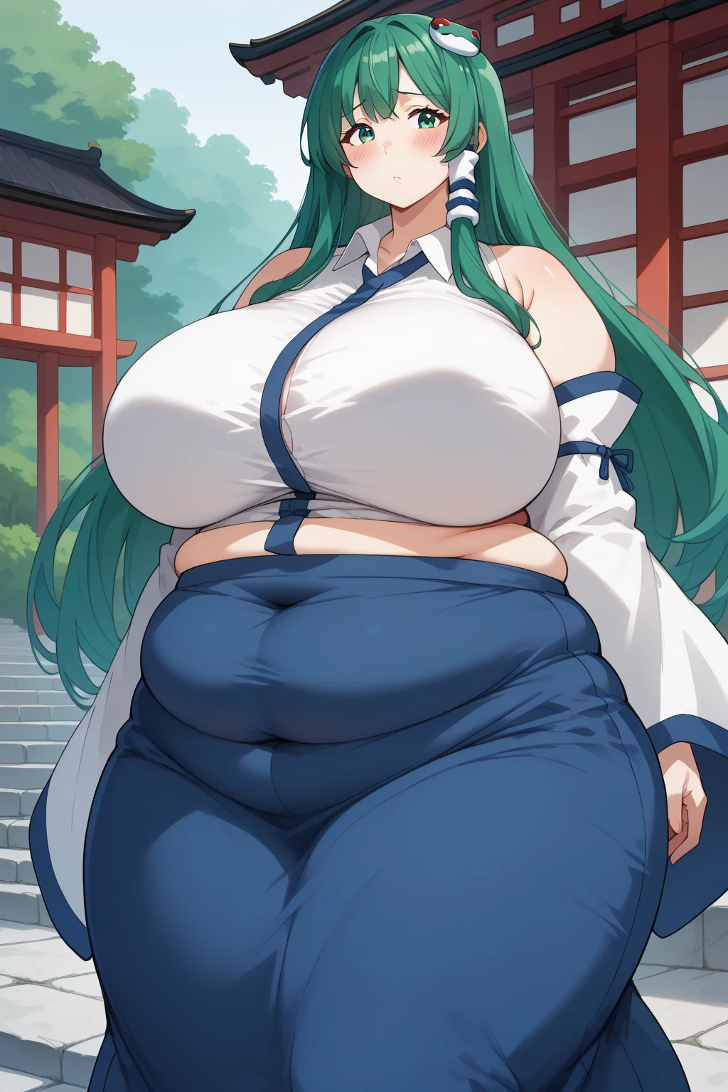 Sanae Kochiya, sanae kochiya,  long hair,  green hair,  green eyes,  Hair Tube, Snake hair ornament, collared shirt,  white shirt,  Detached Sleeves,  wide sleeve over mouth,  blue skirt,  ruffle skirt,  score_9,   score_8_up,   score_7_up,   score_6_up,   score_5_up,   score_4_up,     Masterpiece  ,   top quality,   very aesthetic,   absurd,  Anime Women,   one woman , Alone,  personal  ,  Super huge breasts, ((( super huge clevis, Super huge , Super huge boob))), Curvy,  chubby,  obese body type, blush, Shy woman,  stomach flesh sticking out of clothes,　 sloppy stomach , Shrine grounds,  I'm worried about fat around my stomach ,