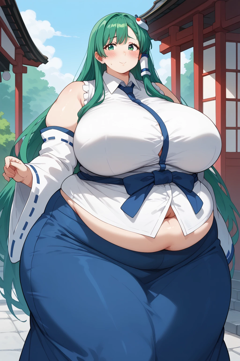 Sanae Kochiya, sanae kochiya,  long hair,  green hair,  green eyes,  Hair Tube, Snake hair ornament, collared shirt,  white shirt,  Detached Sleeves,  wide sleeve over mouth,  blue skirt,  ruffle skirt,  score_9,   score_8_up,   score_7_up,   score_6_up,   score_5_up,   score_4_up,     Masterpiece  ,   top quality,   very aesthetic,   absurd,  Anime Women,   one woman , Alone,  personal  ,  Super huge breasts, ((( super huge clevis, Super huge , Super huge boob))), Curvy,  chubby,  obese body type, blush, Shy woman,  stomach flesh sticking out of clothes,　 sloppy stomach , Shrine grounds,  I'm worried about fat around my stomach ,