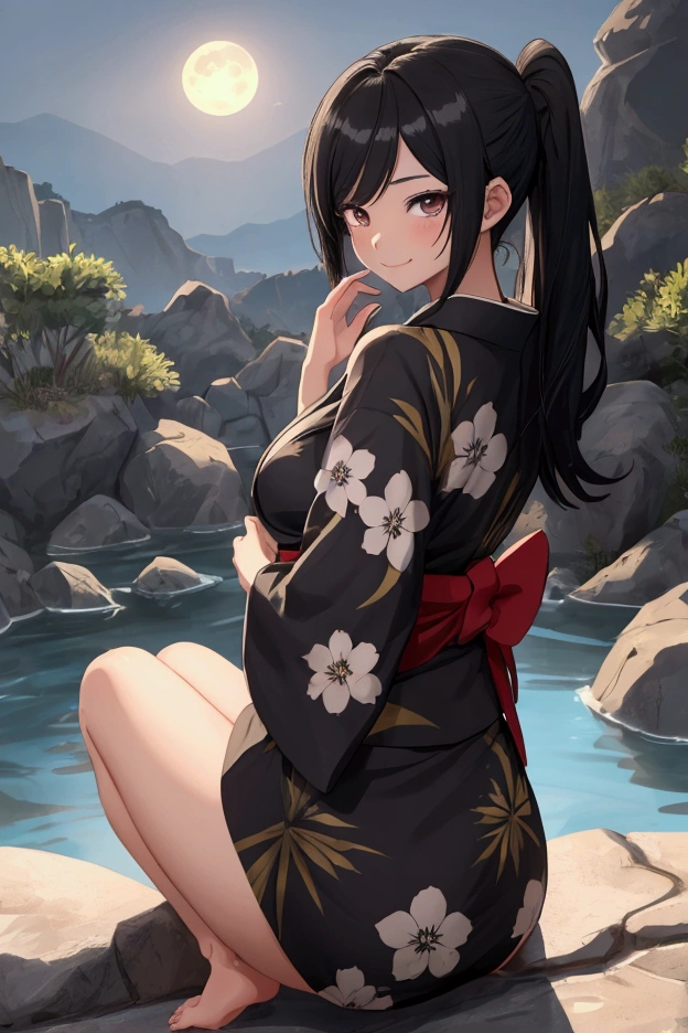  Female character Boku no Hero . 18 years old.  Pointed black hair .  several perforations on the face .  Lined with dark circles under the eyes .  flirty smile .  dark black Yukata with butterfly design . defined.  reflects moonlight .  semi-realistic anime drawing style .  in the hot springs at night with smoke. wide shot.  full body. in a back pose.  sitting on a rock .  looking at the horizon. attractive. Hands on the rock .  perspective from below .rear perspective. legs and feet. nice ass