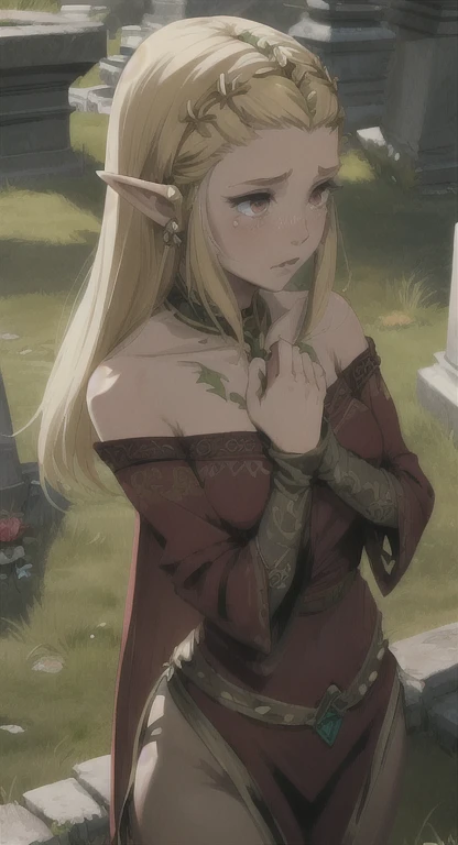 1girl, Ancient Hylian, Hylia, Blonde, red eyes, Hylia, crying at, princess zelda's grave, 