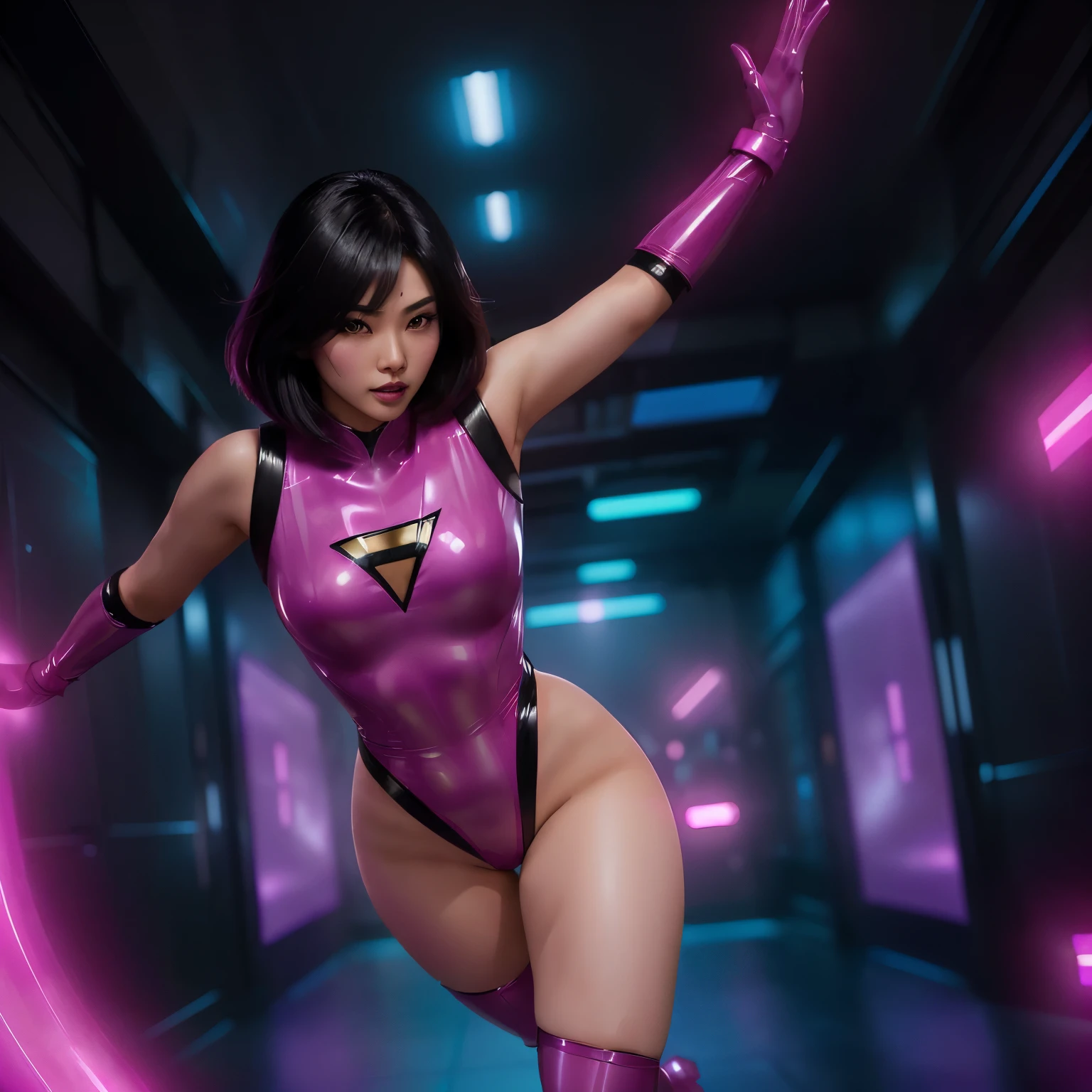 A beautiful asian female superhero with medium length black hair wearing a fuchsia latex costume coming out from a pink shiny magic dimensional portal. Action pose. ultra realistic. cinematic scene