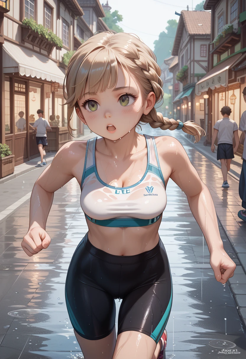 (masterpiece, best quality),  intricate details,
1girl,    ty_lee, braided ponytail, medium breasts, 
sports bra, bike shorts, running, street, village, chinese village, fantasy, rain, wet,