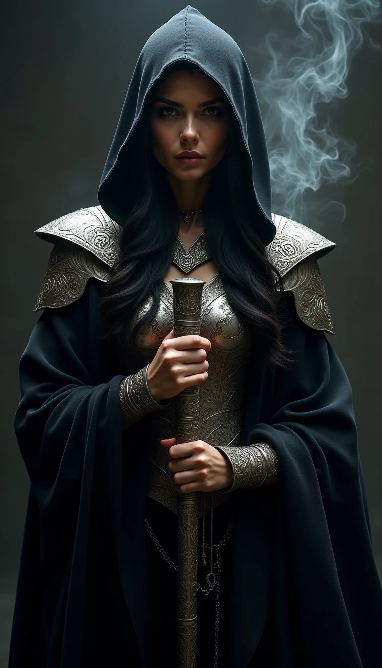 Corpo inteiro Mulher arafed em um manto preto e um vestido preto, feiticeira bonita, Beautiful Female Sorceress, uma bela feiticeira, Retrato de uma feiticeira, beautiful sorceress female, Bruxa bonita com cabelo longo, beautiful witch female, retrato bonito da fantasia, bruxa feminina bonita, maga feminina de fantasia sombria, retrato bonito da arte da fantasia