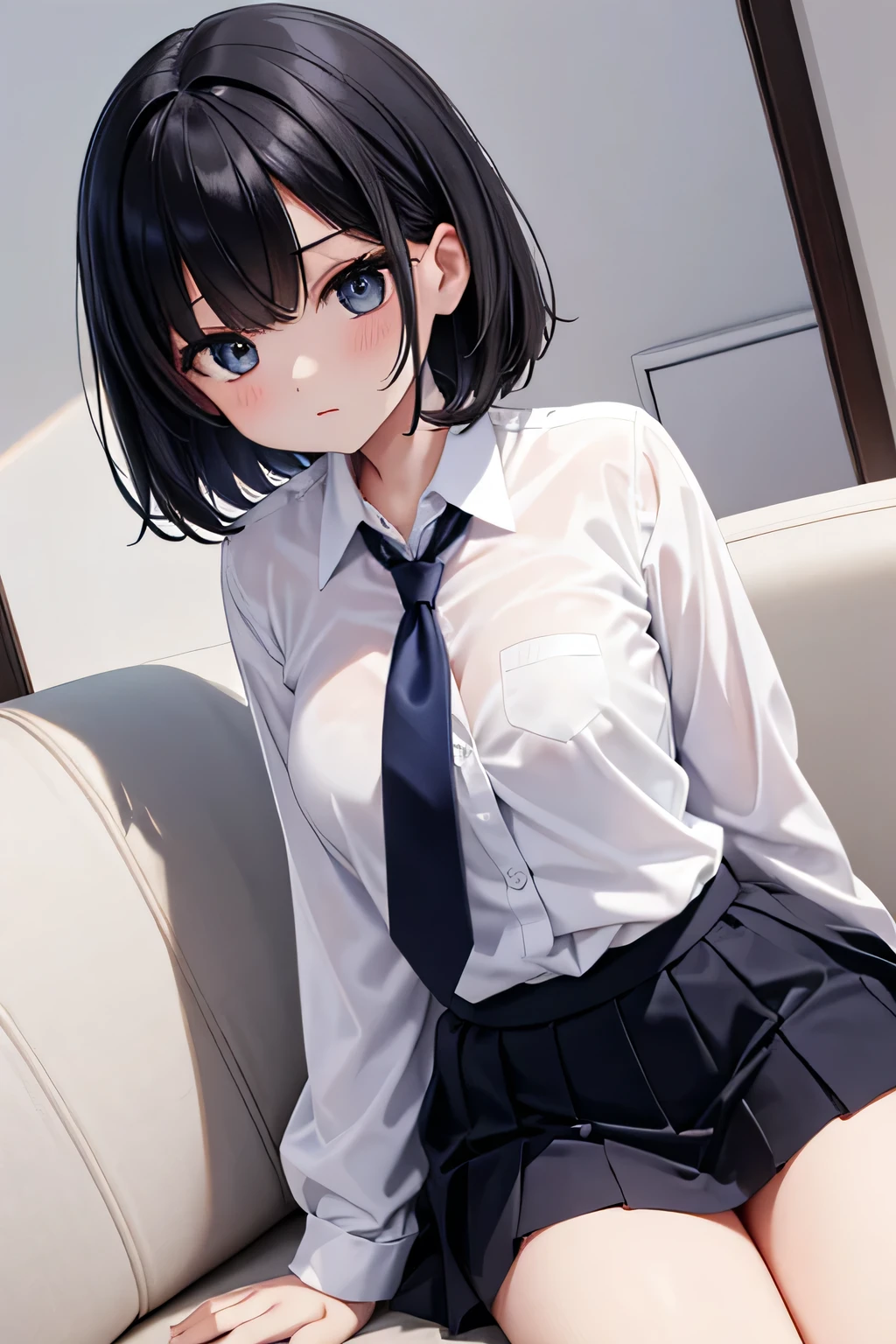 1girl, natural lighting, masterpiece, highly detailed, illustration, game CG, absurdres, high quality, beautiful detailed eyes, glossy lips, natural lighting, small breasts, short black hair, bangs, light smile, (very cute face), white shirt, collarbone, black miniskirt, school, kneeling, looking up at viewer, from above