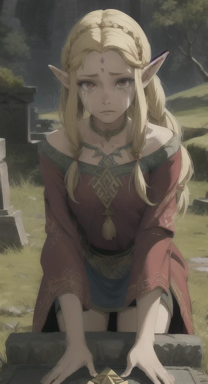 1girl, Ancient Hylian, Hylia, Blonde, red eyes, Hylia, crying at, princess zelda's grave, 