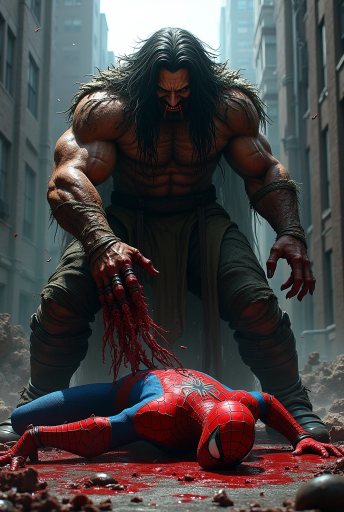 reelhorror, 1 fat bearded, humanoid, dismembered body, multiple arms, open mouth, thorns, looking at the viewer, short hair, lie, blood, tentacles, monster, wound, blood on face, realistic, death, corpse, messy, interior, garbage, scene pov, pov, horror
