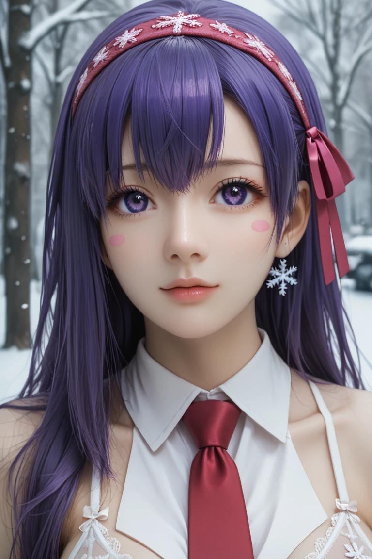 (masterpiece,  best quality ), 1 girl, sakura,2d, beautiful face,( purple hair ),( purple hair  largo),( purple hair  largo),( purple eyes),( headband ),neck tie ,RED RIBBON,pesones with cold , HIGH QUALITY,ultra detailed , waist 50cm, long hair, big breasts ,  self-adhesive nipple stickers snowflake lingerie..