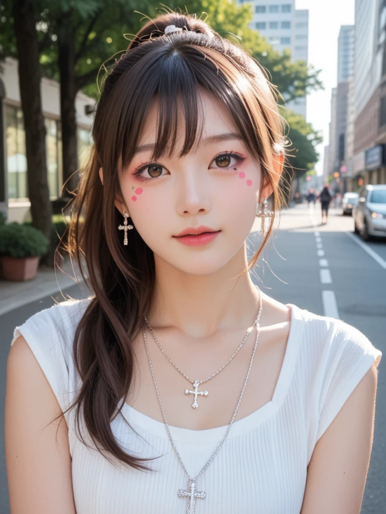 8k, real, realistic , super concentration , Japanese, cute girl,Cute idol,Heavy makeup,Under-eye bags makeup, cute face, Friendly Smiles , Cheerful Expressions ,Shy, open your mouth, ponytail white pink hair,Feminine look,new york, natural sunlight ,natural sunlight , cross your arms, is wearing a silver necklace, silver bracelet, silver earrings .