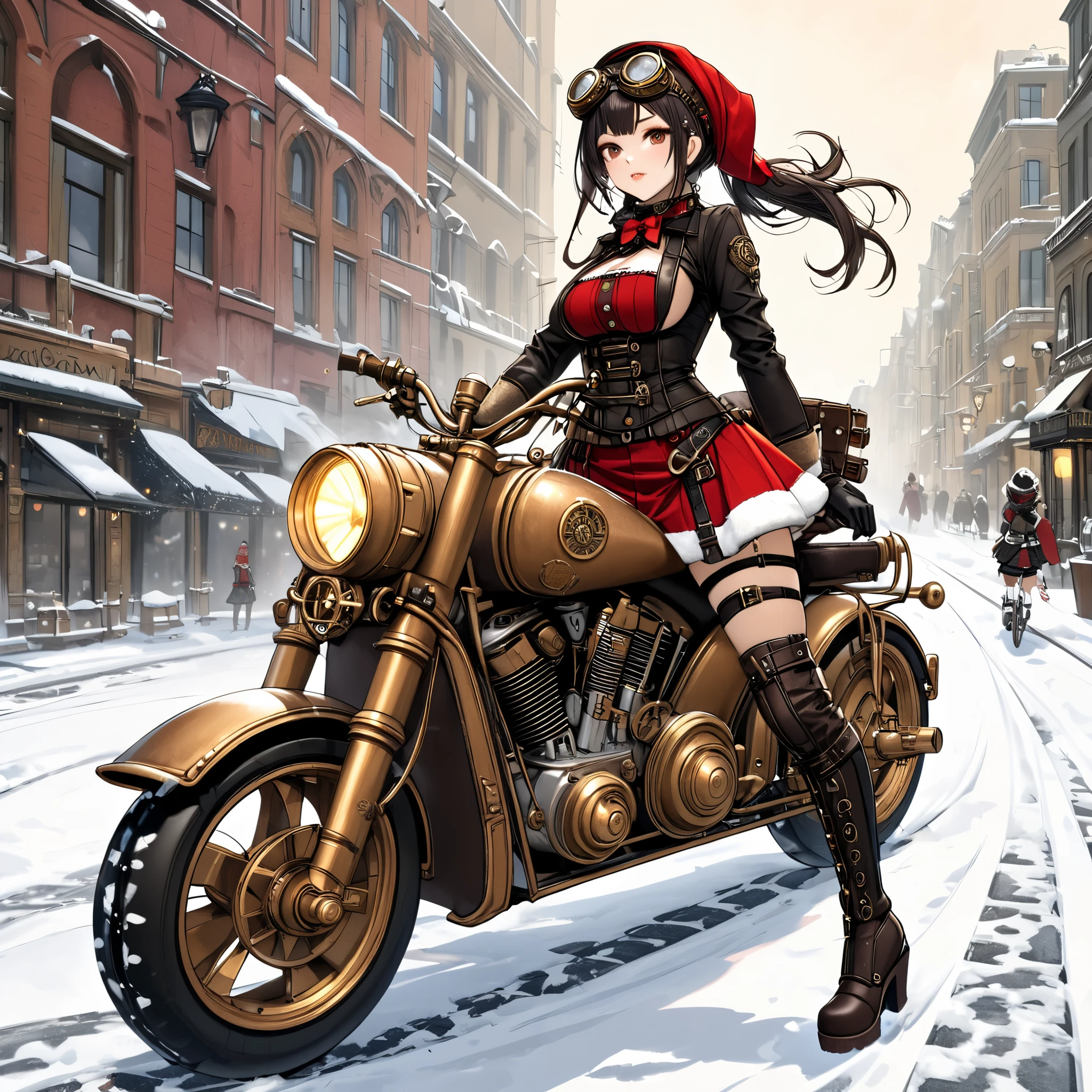 Good-looking adult woman in a miniskirt Santa on a motorcycle、 steampunk,Goth girl 1girl,｛{{ steampunk}}}、{{Gothic Costume}}、 dynamic composition、Leather knee-high boots、goggles、 steampunk-style motorcycle、 anime style illustration 、  steampunk-style mini-skirted Santa costume, winter streetscape in a steampunk world、Speed、modified bike 、 steampunkバイク