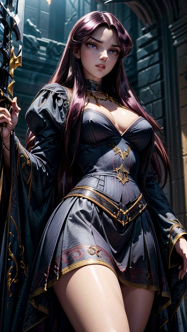 ((official art)), 1girl, gothic castle, dark castle, (huge breasts), large breasts, small waist, wide hips, round ass, thick thighs, very long hair, glossy lips, deep cleavage, large breasts, cleavage, collarbone, flowing skirt, big thighs, full body shot, glowing hair, floating hair,  pandora, purple eyes, very long hair, black hair, dark purple hair, parted hair, necklace, choker, dress, black dress, juliet sleeves, weapon, trident ,holding, holding weapon, (slit skirt), glow-in-the-dark eyes, glowing eyes, dynamic pose, overflowing large breasts, slim body, curvy, very wide hips, sexy position, slim and curvy body, score_9,score_8_up,score_7_up,

BREAK, 
perfect eyes, expressive eyes, extremely detailed eyes, beautiful eyes, expressive eyes, gradient eyes, glistening eyes, perfect eyes, extremely detailed face, expressive face, perfect face, extremely detailed hands, extremely detailed fingers, perfect hands, perfect fingers, extremely detailed body, perfect anatomy, (extremely detailed physique), glossy hair, glossy skin, (extremely detailed hair), (extremely detailed clothing), (extremely detailed accessories), (detailed background), (intricate background), (detailed scenery), (perfect scenery), 

BREAK,
full body shot, masterpiece, photorealistic, best quality, (extremely detailed CG unity 64k wallpaper), ultra-high resolution, ultra-high definition, maximalist, 64k UHD, highres, intricate, intricate details, absurdres, highly detailed, finely detailed, ultra-detailed, ultra-high texture quality, DLSR, RTX, (HDR), detailed textures, ultra-high pixel detail, professionally color graded, full color depth, sharp focus, volumetric lighting, natural shadow, dramatic shading, dramatic lighting, deep shadows,
