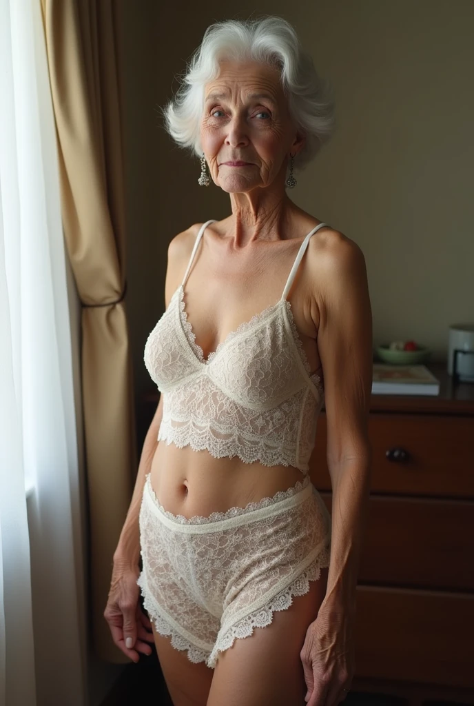 shot from behind, an American woman, 79 years old, looking back to camera, white skin, smooth skin, wearing lingerie, smiling