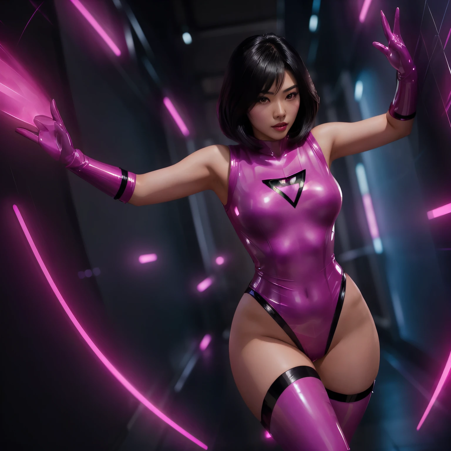 A beautiful asian female superhero with medium length black hair wearing a fuchsia latex costume passing through a pink shiny magic dimensional portal. Action pose. ultra realistic. cinematic scene