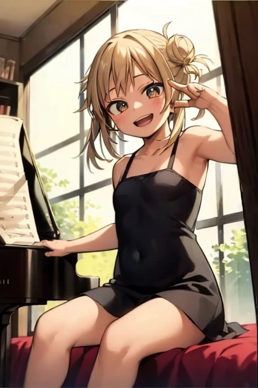 (( top quality)), ((masterpiece)), (be familiar with),  perfect face, indoor, bedroom, looking at the viewer,
One woman, I was,
 open mouth,  ecstatic expression beside the piano, blush, smile,
 small ,  flat chested, Young girl, Lori,  ,  girl,
 long hair,  twin bun hair ,
Leg spread,