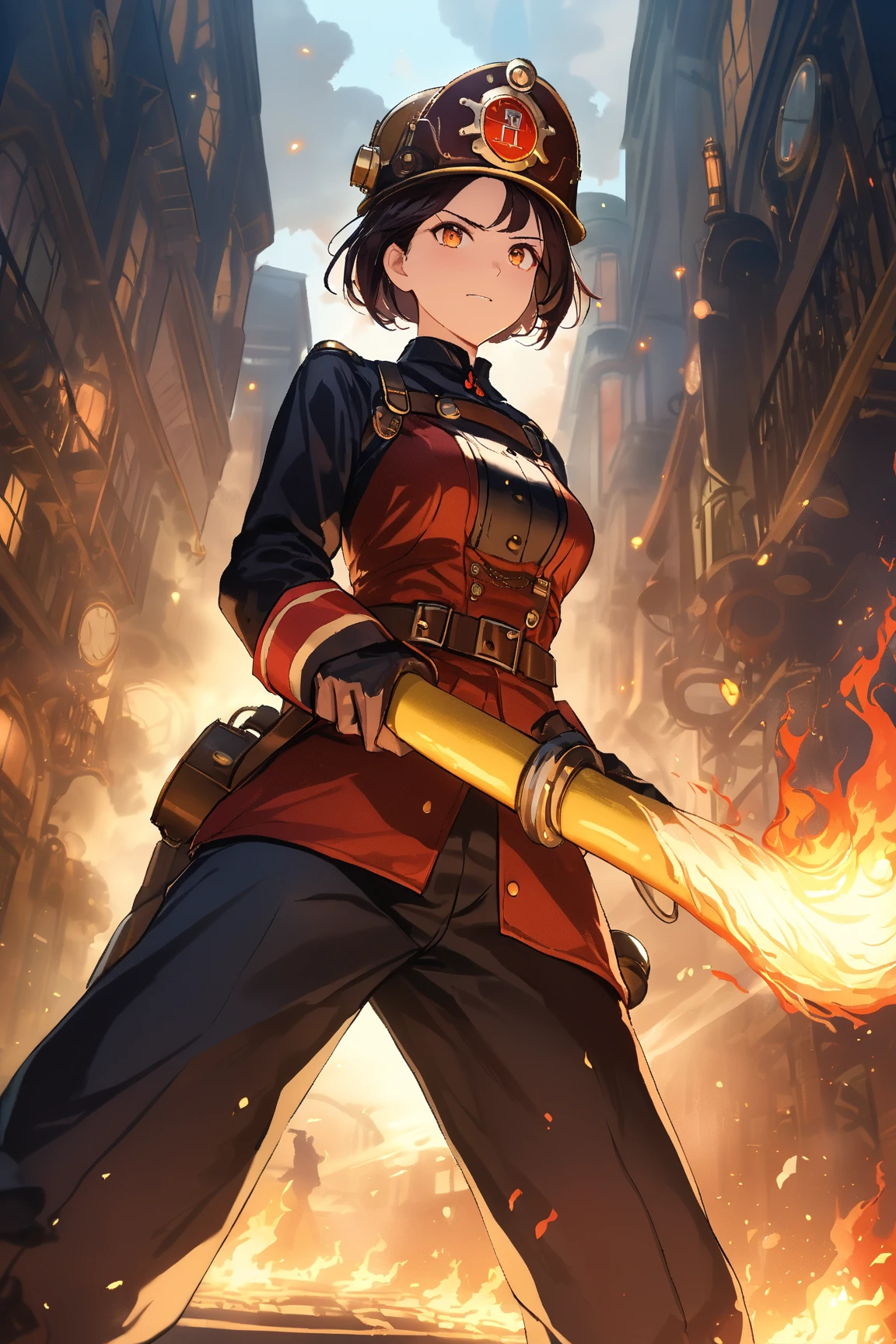 1 girl, (brave face), 21 years old, (short hair:1.2), (determined expression), medium breasts, slim, (wearing steampunk firefighter uniform:1.4), knee length trousers, (brass helmet), BREAK  
Victorian cityscape, smoke and flames in the background, (holding a fire hose:1.2), (ready to fight fire:1.2), outdoors, BREAK  
(dynamic lighting, glowing embers, dramatic shadows), action-packed scene, character focus, game cg, BREAK  
ultra detailed, absurdres, beautiful, masterpiece, best quality,
