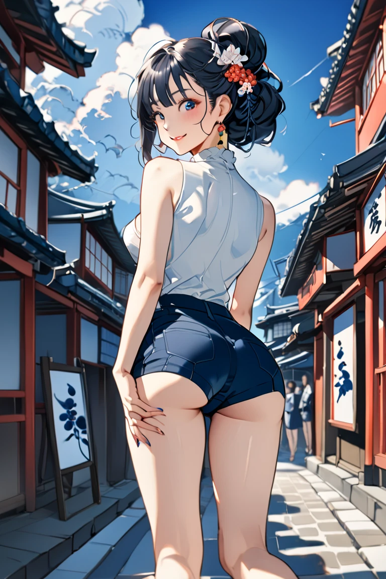   Masterpiece ,  great quality,  top quality,  high definition , 4K, 8k, 超 high definition , 
 Ukiyo-e painting style ,Navy blue world ,
1girl, hot pants,  perfect eye details , Tourist city ,whole body, Looking Back.Mischievous expression、
