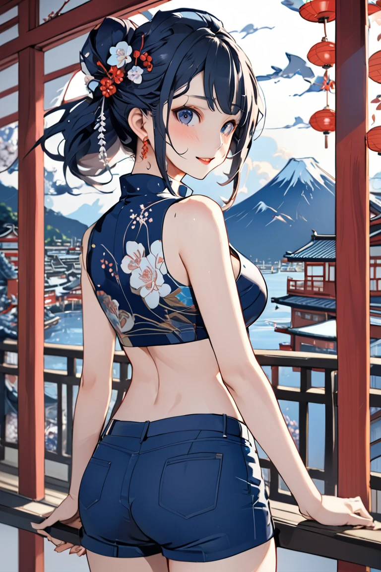 CG, Unity, 8k, wallpaper, highest quality,sunlight、Perfect lighting、 masterpiece, haruka amami, (smile: 1.2), 1 high school girl、Black Hair、Curly Hair、Blue Eyes、Dense lips、Light blue T-shirt、Off the shoulder、 BREAK denim shorts, barefoot, Thighs, Best lighting, Complex pupil, Complex weaving, Detailed Background, Japanese countryside, evening、Sunset
