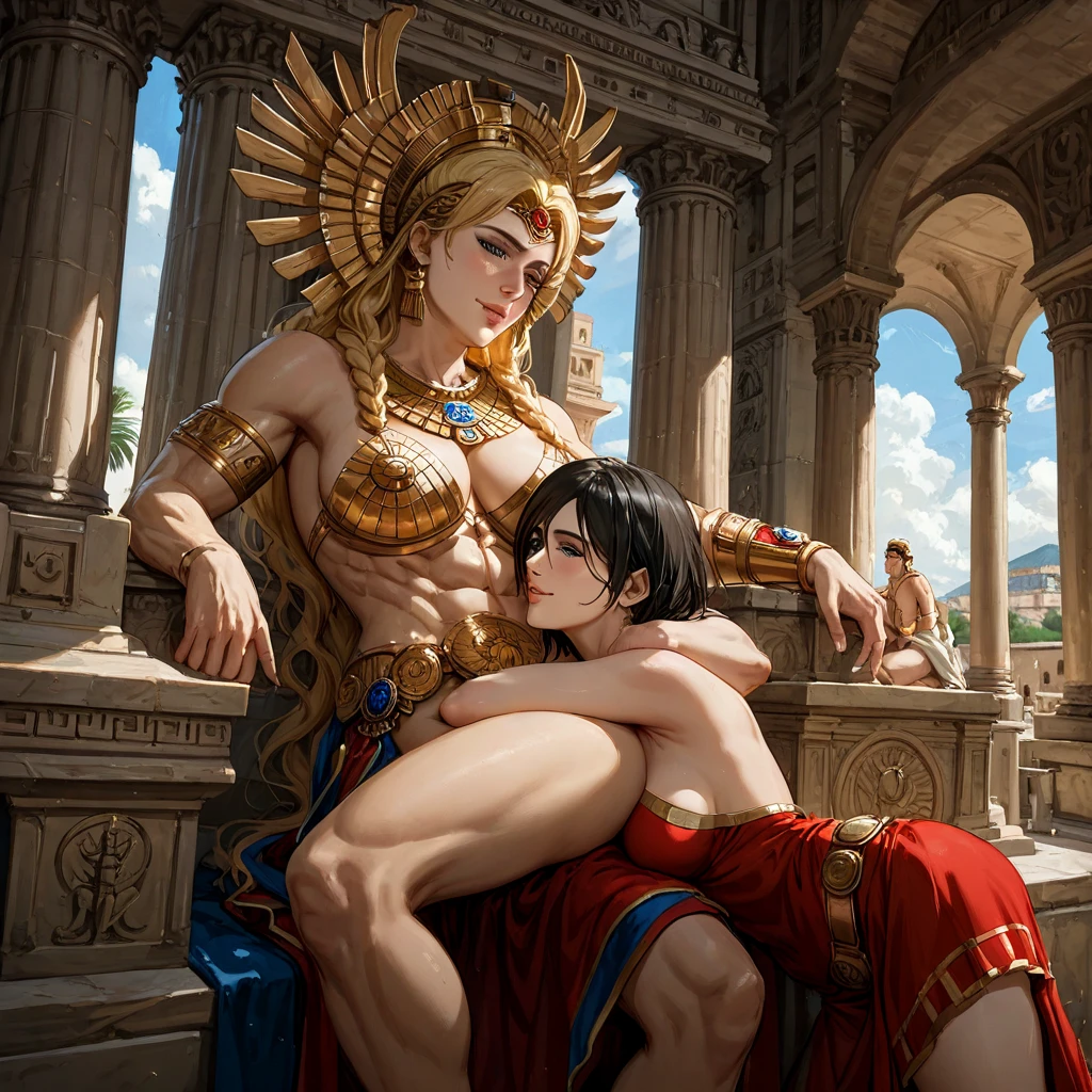 ((best quality)), ((masterpiece)), (detailed), nakedposeidon, 1boy 1 girl, couple blowjob, girl keeling down penis in mouth, greek temple, flying, renaissance,detailed eyes, curvy hourglass woman with swooping breasts ,thick long erect penis with chain piercing , golden chain belt, naked, arm ring, detailed skin, realistic, style of pino daeni, [style of Daniel F. Gerhartz::0.5], uhd image, hires, 8k, semi-realistic, epic lighting, sharp focus, realistic, romantic,