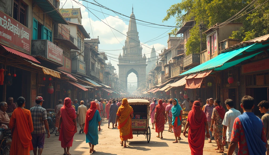 An Indian city in the 1900s, mercados de especiarias coloridos, ruas principais, greg rutkowski, makoto shinkai e lois van baarle, ilya kuvshinov, rossdraws, tom bagshaw, alphonse mucha, global ilumination, ambiente detalhado e intrincado, , mulheres usando sarees, homens usando dhoti, {fundo escuro}, cores ricas hiper realista textura realista {lighting dramatic} Unreal engine trend on Artstation Cinestill 800, 8k