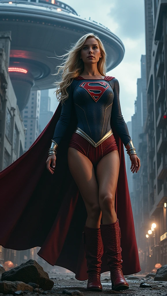 スーパーガールofアクションショット ((Evil Supergirl Suit「Man of Steel」of、よりセクシーな黒と銀ofバージョンを着ている)), Large Breasts, Toned body, (背景of爆発、Ruined city), Style - BladeRunner2049-8v Complex, Attention to detail, Sharp focus, dramatic, ((Realistic))