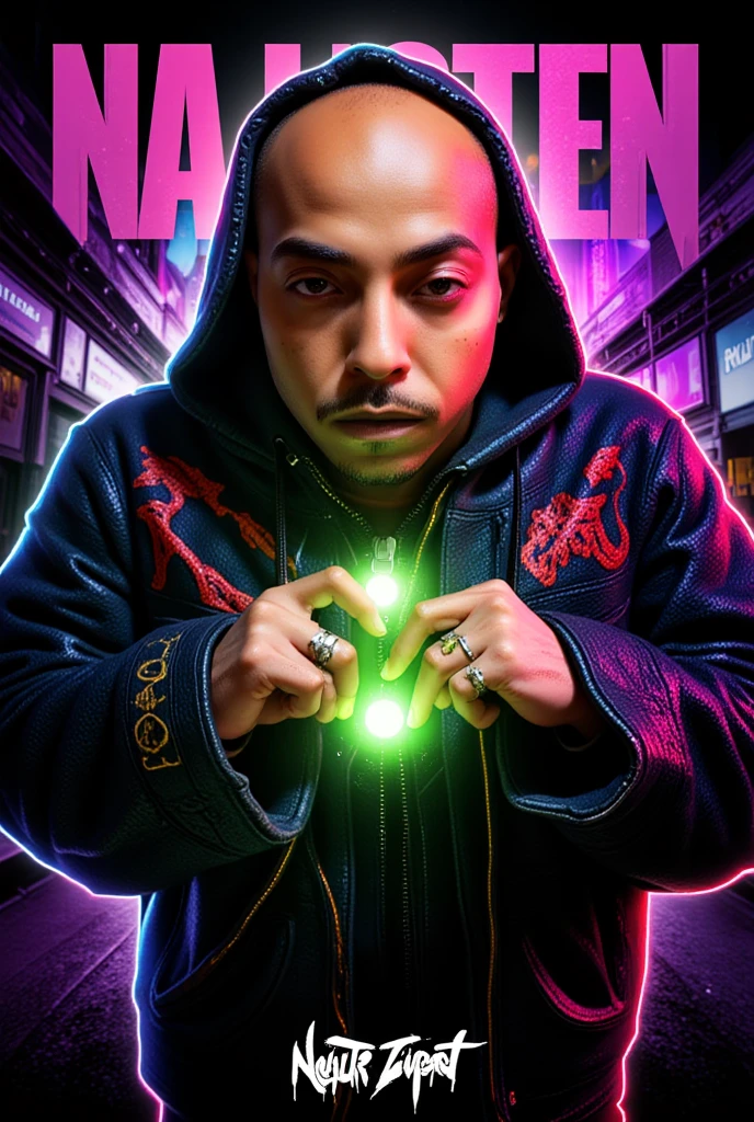  A Hip Hop Album Cover Art of A cinematic shot of a bald-headed urban wizard with a muscular build are 25 caramel brown skin tone ::5.1 . He is wearing a wizard robe and a Luxury fashion monogram with the colors red and purple. The text "NA LISTEN"::5.6 is displayed on the robe. The wizard is casting a spell and has a stoic expression. The background is dark. green neon energy power emanating from hands vibrant contrasting cityscape background. palette of purples, greens and reds to evoke a sinister yet retro feel. In the background, show a gritty urban scene. The a man should be in a dynamic pose, embodying his unpredictable and dangerous personality. Add classic comic book elements like a bo