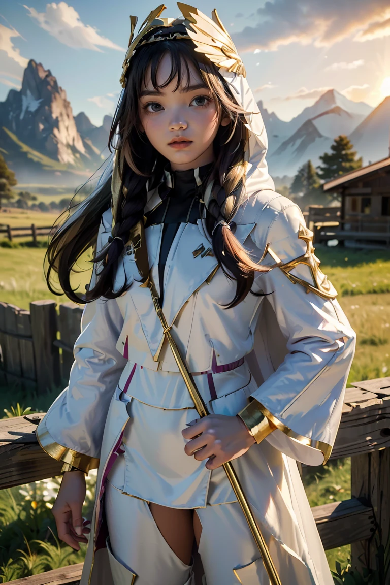 ((masterpiece, best quality, extremely detailed), volumetric lighting, ambient occlusion, colorful, glowing), 1girl, solo, young girl, (dark hair), long hair, ranger suit, hunter class dnd, cloak, (white outfit with gold detailst:1.3), armor, outdoors, sunset, sky, clouds, space, (fantasy theme:1.2),